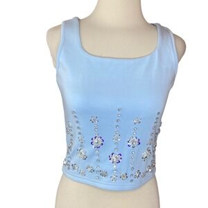 Muy Muy Sky Blue Embellished Rhinestone Sequin Crop Tank Top Sz M luxury party